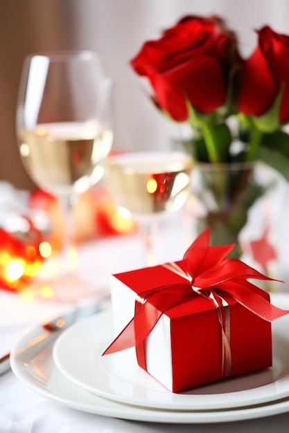로맨틱 한 저녁 식사 를 위해 장식 된 테이블 에는 두 잔 의  ⁇ 페인 과  ⁇ 은 장미 나  ⁇ 불 이 있다