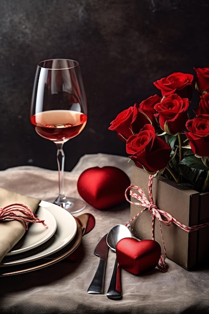 Table decorated for a romantic dinner with two champagne glasses bouquet of red roses or candle