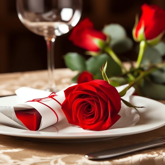 Table decorated for a romantic dinner with two champagne glasses bouquet of red roses or candle