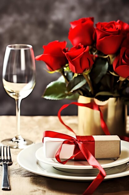 Table decorated for a romantic dinner with two champagne glasses bouquet of red roses or candle