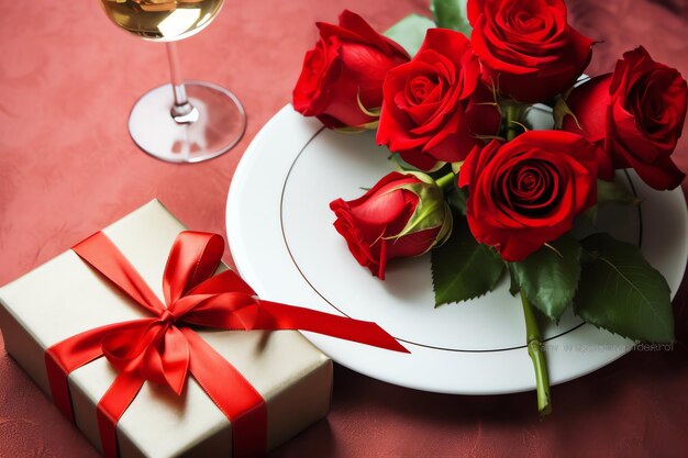 Table decorated for a romantic dinner with two champagne glasses bouquet of red roses or candle