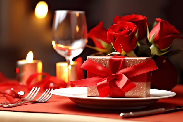 Стол, украшенный для романтического ужина с двумя бокалами шампанского, букетом красных роз или свечей
