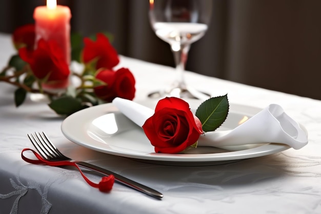 Table decorated for a romantic dinner with two champagne glasses bouquet of red roses or candle