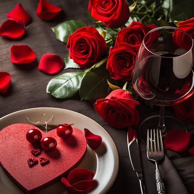 Table decorated for a romantic dinner with two champagne glasses bouquet of red roses or candle