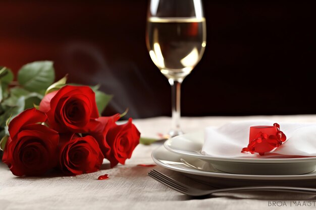 Table decorated for a romantic dinner with two champagne glasses bouquet of red roses or candle