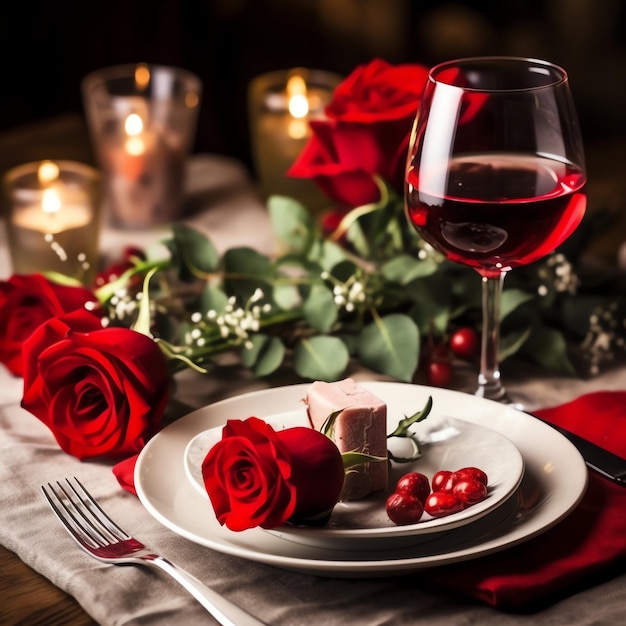 Table decorated for a romantic dinner with two champagne glasses bouquet of red roses or candle