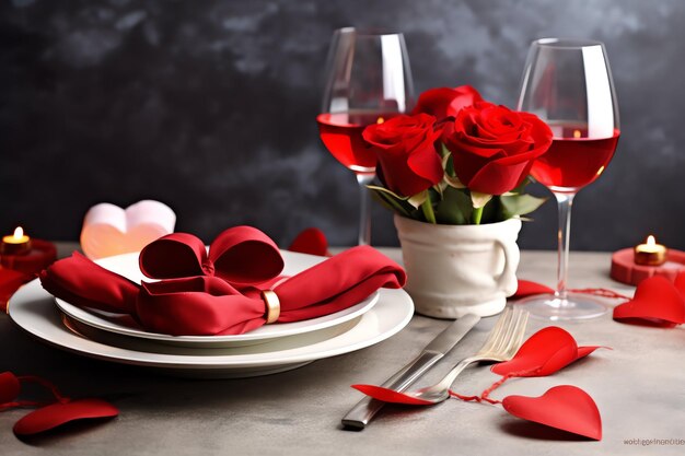 Table decorated for a romantic dinner with two champagne glasses bouquet of red roses or candle