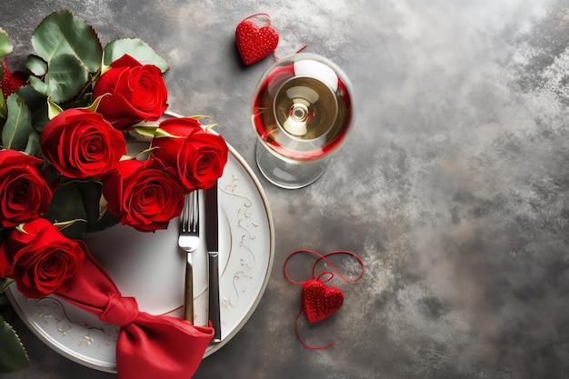 Table decorated for a romantic dinner with two champagne glasses bouquet of red roses or candle