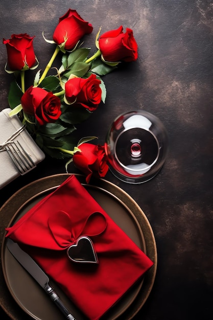 Table decorated for a romantic dinner with two champagne glasses bouquet of red roses or candle