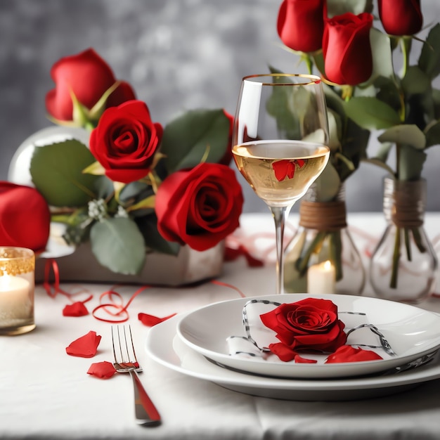 Table decorated for a romantic dinner with two champagne glasses bouquet of red roses or candle