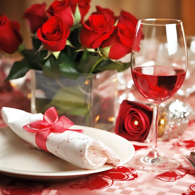 Table decorated for a romantic dinner with two champagne glasses bouquet of red roses or candle