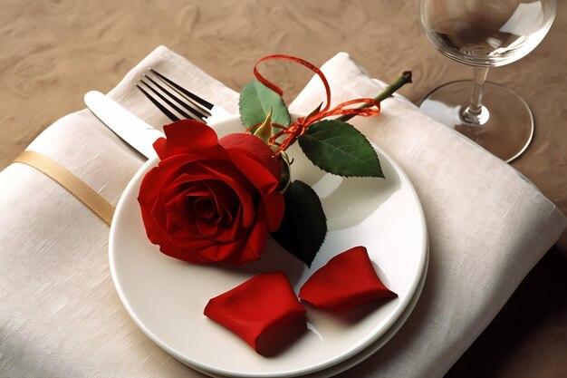 Table decorated for a romantic dinner with two champagne glasses bouquet of red roses or candle