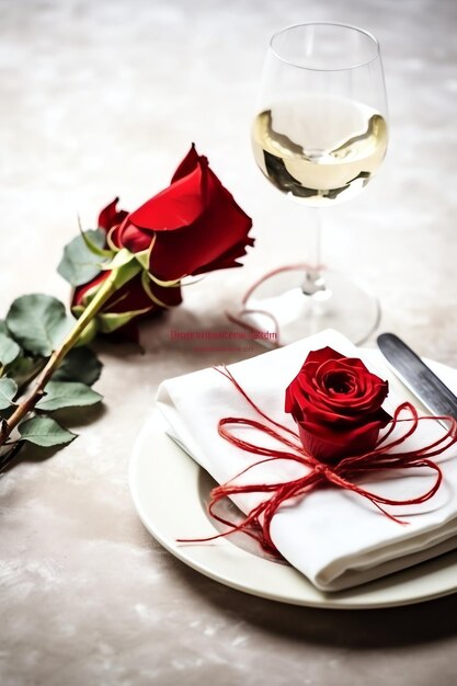 2つのシャンパングラス ⁇ 赤いバラの花束またはろうそくでロマンチックな夕食を飾ったテーブル