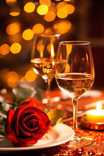 Table decorated for a romantic dinner with two champagne glasses bouquet of red roses or candle