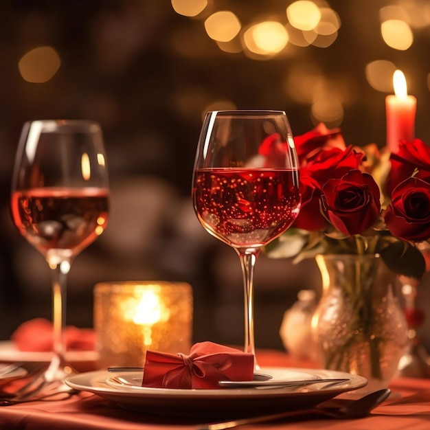 Foto tavolo decorato per una cena romantica con due bicchieri di champagne bouquet di rose rosse o candela