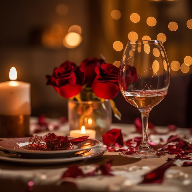 Photo table decorated for a romantic dinner with two champagne glasses bouquet of red roses or candle