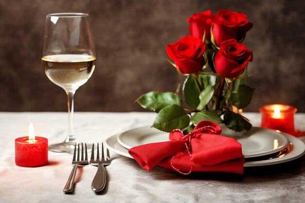 Table decorated for a romantic dinner with two champagne glasses bouquet of red roses or candle