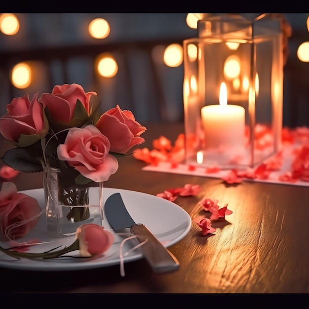 Photo table decorated for a romantic dinner with two champagne glasses bouquet of red roses or candle