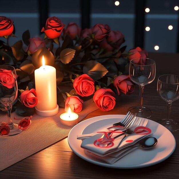 Photo table decorated for a romantic dinner with two champagne glasses bouquet of red roses or candle