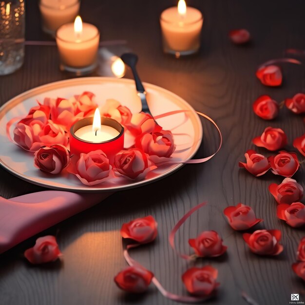 Table decorated for a romantic dinner with two champagne glasses bouquet of red roses or candle