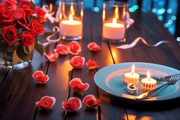 Photo table decorated for a romantic dinner with two champagne glasses bouquet of red roses or candle