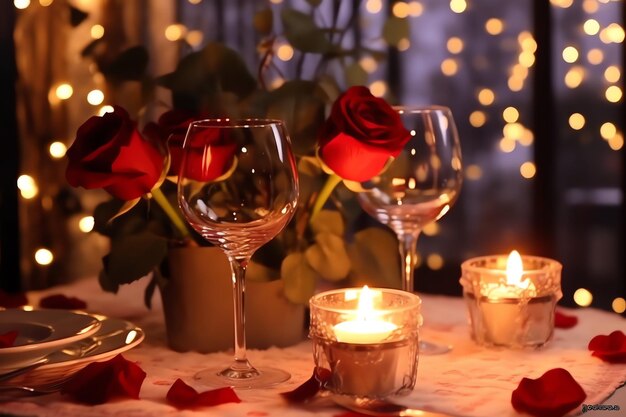 Table decorated for a romantic dinner with two champagne glasses bouquet of red roses or candle