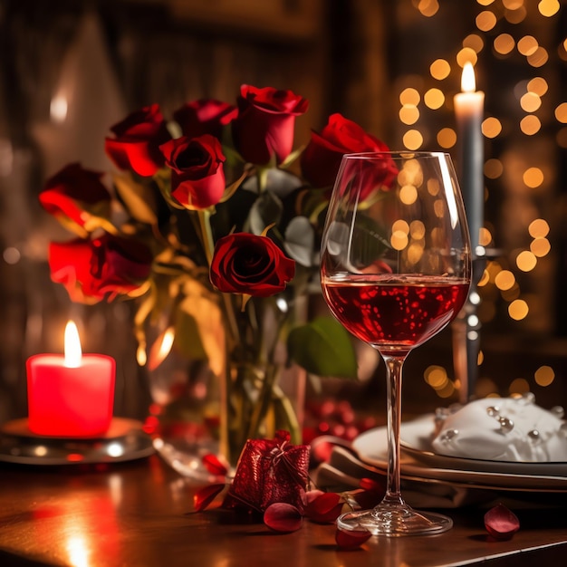 Table decorated for a romantic dinner with two champagne glasses bouquet of red roses or candle