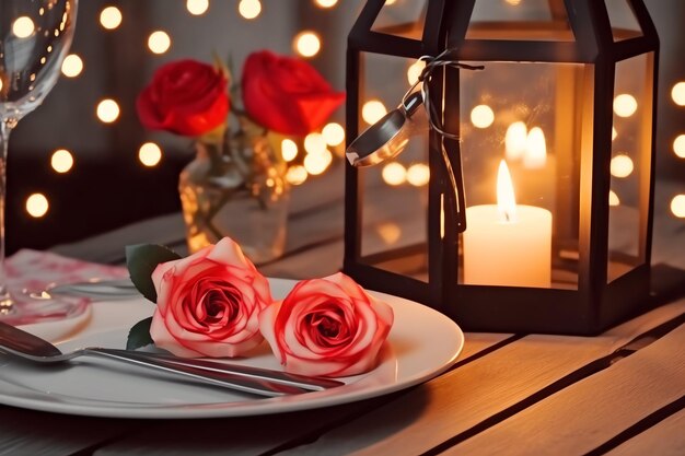 Table decorated for a romantic dinner with two champagne glasses bouquet of red roses or candle