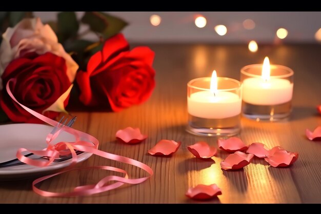 Table decorated for a romantic dinner with two champagne glasses bouquet of red roses or candle