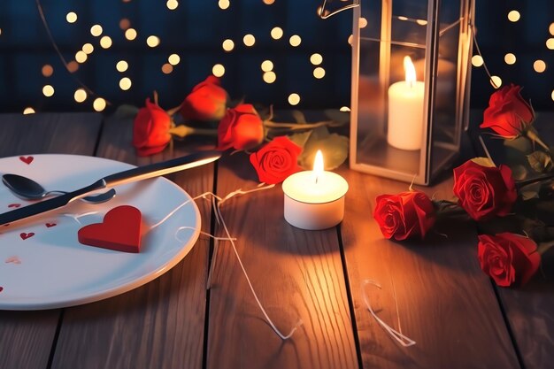 Photo table decorated for a romantic dinner with two champagne glasses bouquet of red roses or candle