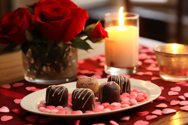 Photo table decorated for a romantic dinner with two champagne glasses bouquet of red roses or candle