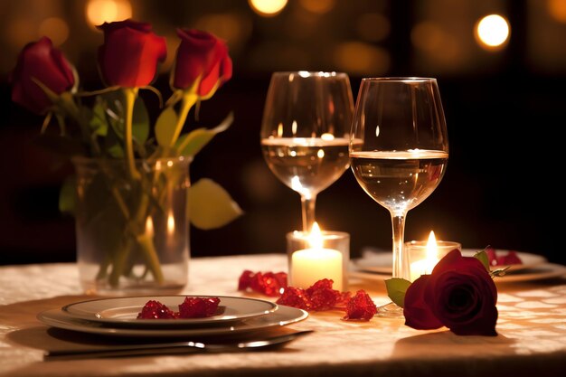 Photo table decorated for a romantic dinner with two champagne glasses bouquet of red roses or candle