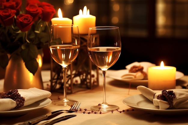 Table decorated for a romantic dinner with two champagne glasses bouquet of red roses or candle