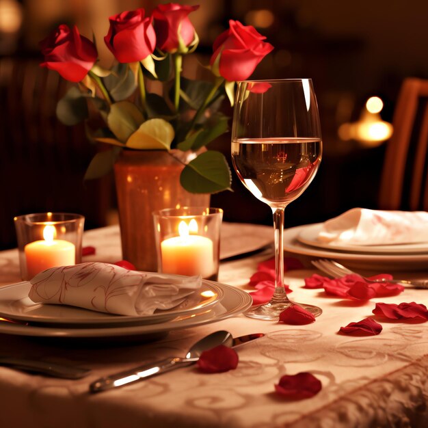 Photo table decorated for a romantic dinner with two champagne glasses bouquet of red roses or candle