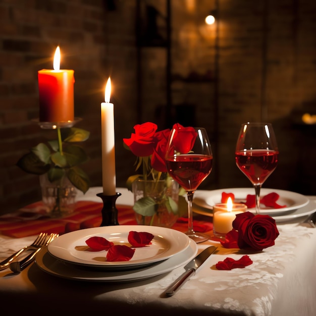 Table decorated for a romantic dinner with two champagne glasses bouquet of red roses or candle