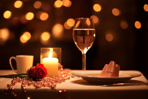 Foto tavolo decorato per una cena romantica con due bicchieri di champagne bouquet di rose rosse o candela