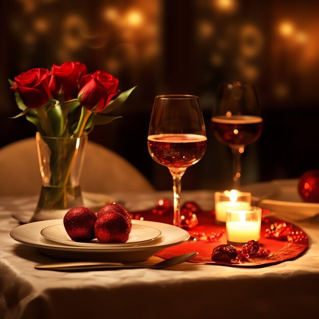 Foto tavolo decorato per una cena romantica con due bicchieri di champagne bouquet di rose rosse o candela