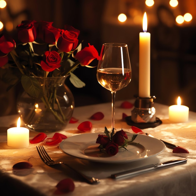 로맨틱 한 저녁 식사 를 위해 장식 된 테이블 에는 두 잔 의  ⁇ 페인 과  ⁇ 은 장미 나  ⁇ 불 이 있다