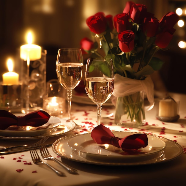 Table decorated for a romantic dinner with two champagne glasses bouquet of red roses or candle