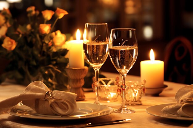 Table decorated for a romantic dinner with two champagne glasses bouquet of red roses or candle