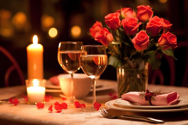 Photo table decorated for a romantic dinner with two champagne glasses bouquet of red roses or candle