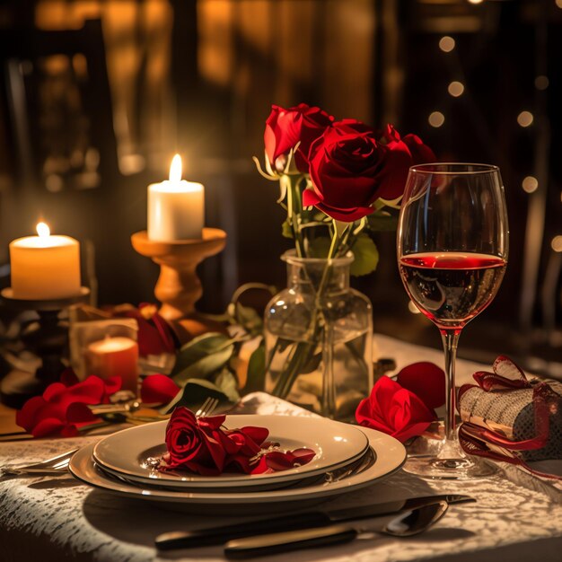 Table decorated for a romantic dinner with two champagne glasses bouquet of red roses or candle