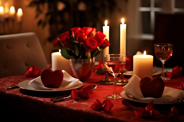 Table decorated for a romantic dinner with two champagne glasses bouquet of red roses or candle