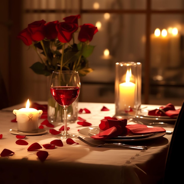 Table decorated for a romantic dinner with two champagne glasses bouquet of red roses or candle