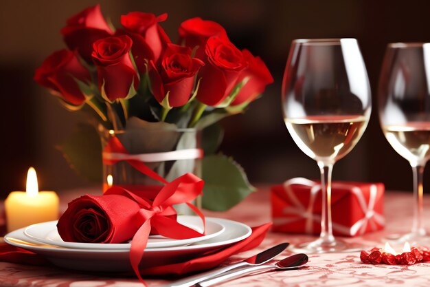 Table decorated for a romantic dinner with two champagne glasses bouquet of red roses or candle