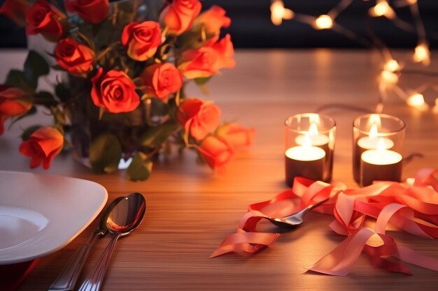 Table decorated for a romantic dinner with two champagne glasses bouquet of red roses or candle