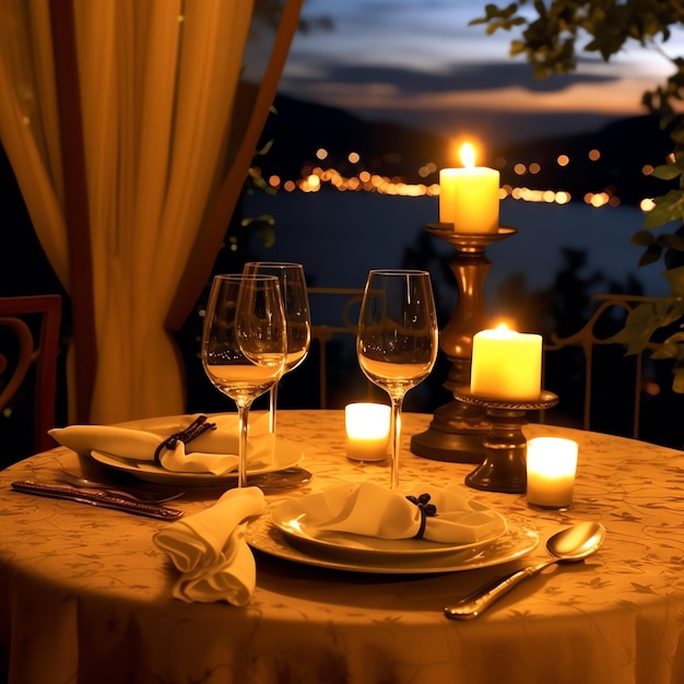 Table decorated for a romantic dinner with two champagne glasses bouquet of red roses or candle