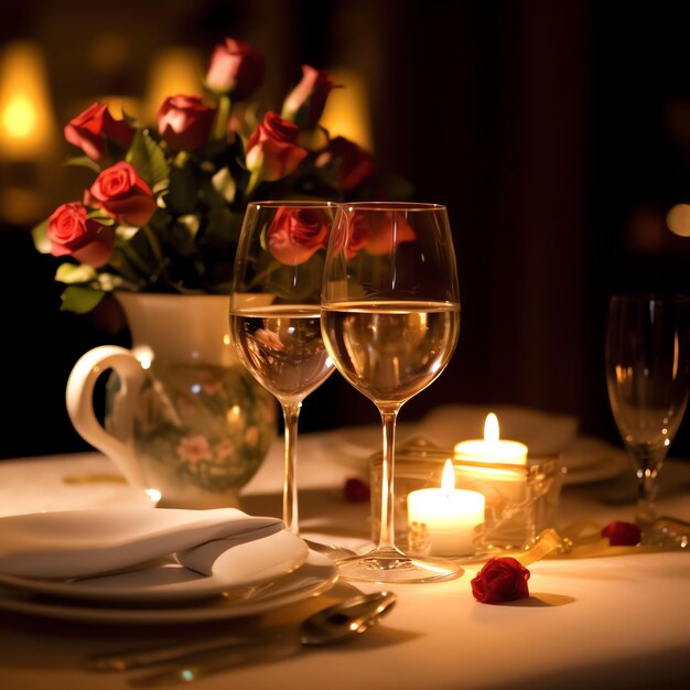 Table decorated for a romantic dinner with two champagne glasses bouquet of red roses or candle