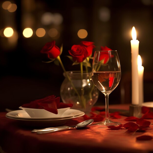 Photo table decorated for a romantic dinner with two champagne glasses bouquet of red roses or candle