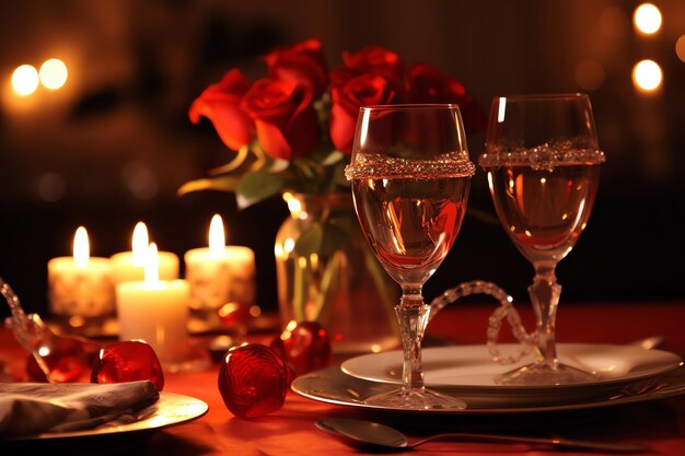 Photo table decorated for a romantic dinner with two champagne glasses bouquet of red roses or candle